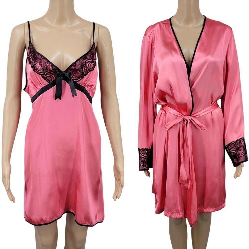 New Directions Pink Satin Robe and Chemsie Nightgown with Black Lace Trim